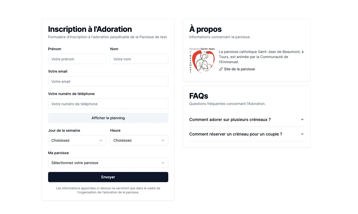 capture d'écran du formulaire d'inscription d'Adorons